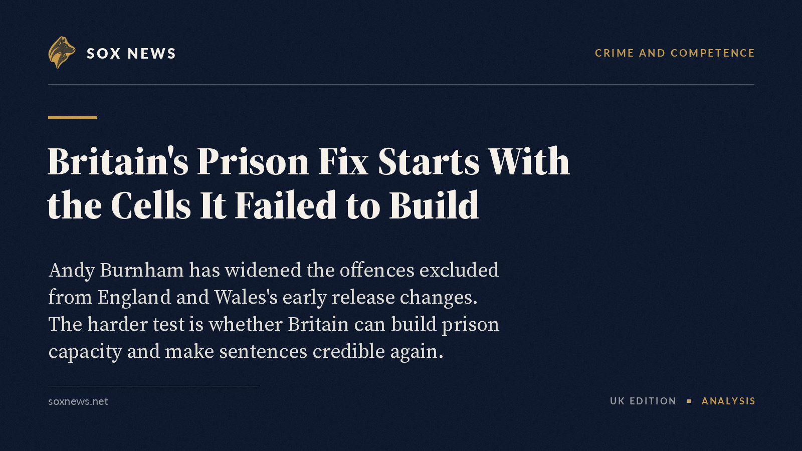 Sox News card with the headline: Britain's Prison Fix Starts With the Cells It Failed to Build