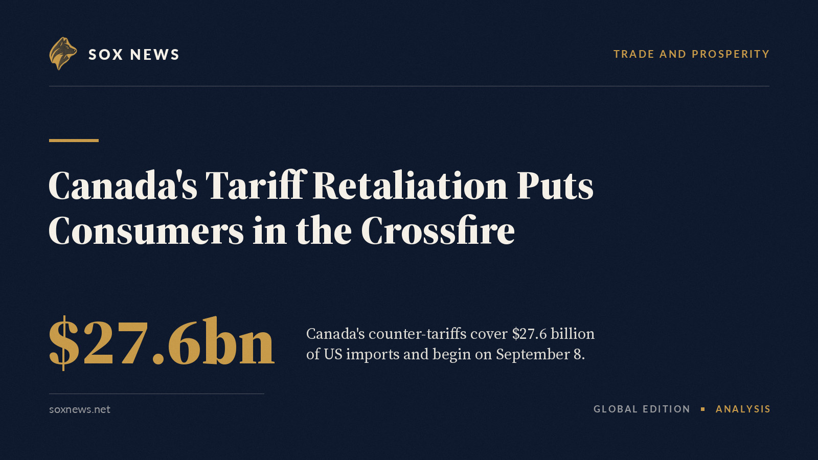 Sox News card with the headline: Canada's Tariff Retaliation Puts Consumers in the Crossfire