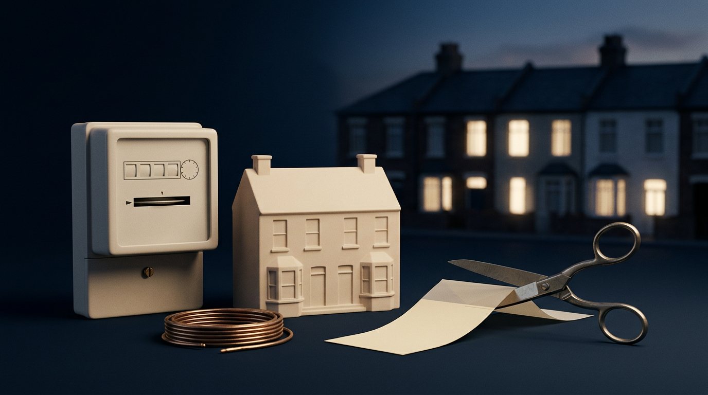 A conceptual still life of an electricity meter and house model, depicting a tax cut landing on household power bills.