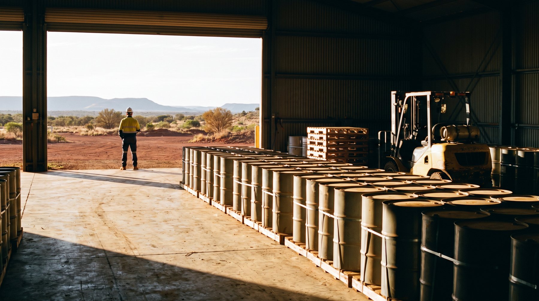 Sealed drums on a remote loading dock suggest the unglamorous logistics behind a maturing uranium trade.