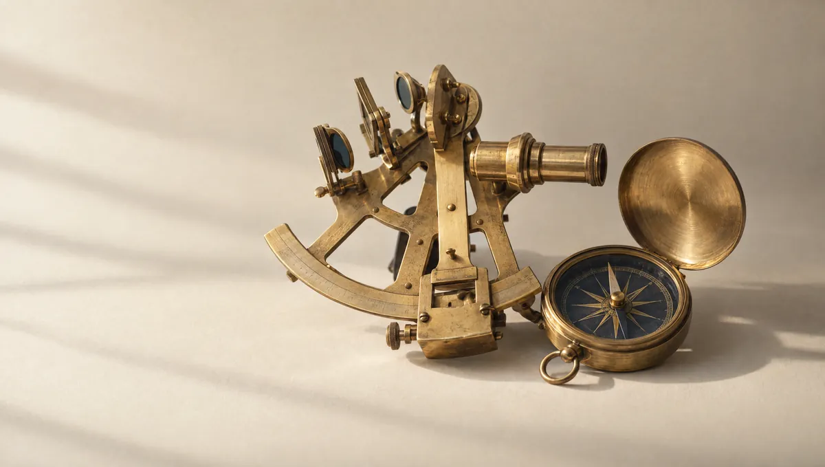 A brass sextant and a small brass compass placed side by side on a warm bone backdrop.