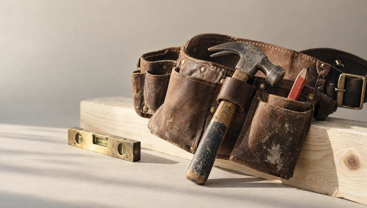 A leather builder's tool belt with a hammer and pencil laid across a pine plank beside a brass spirit level.