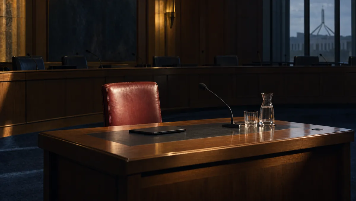 An empty red leather witness chair at a timber committee desk with a microphone, a closed laptop and a glass of water.