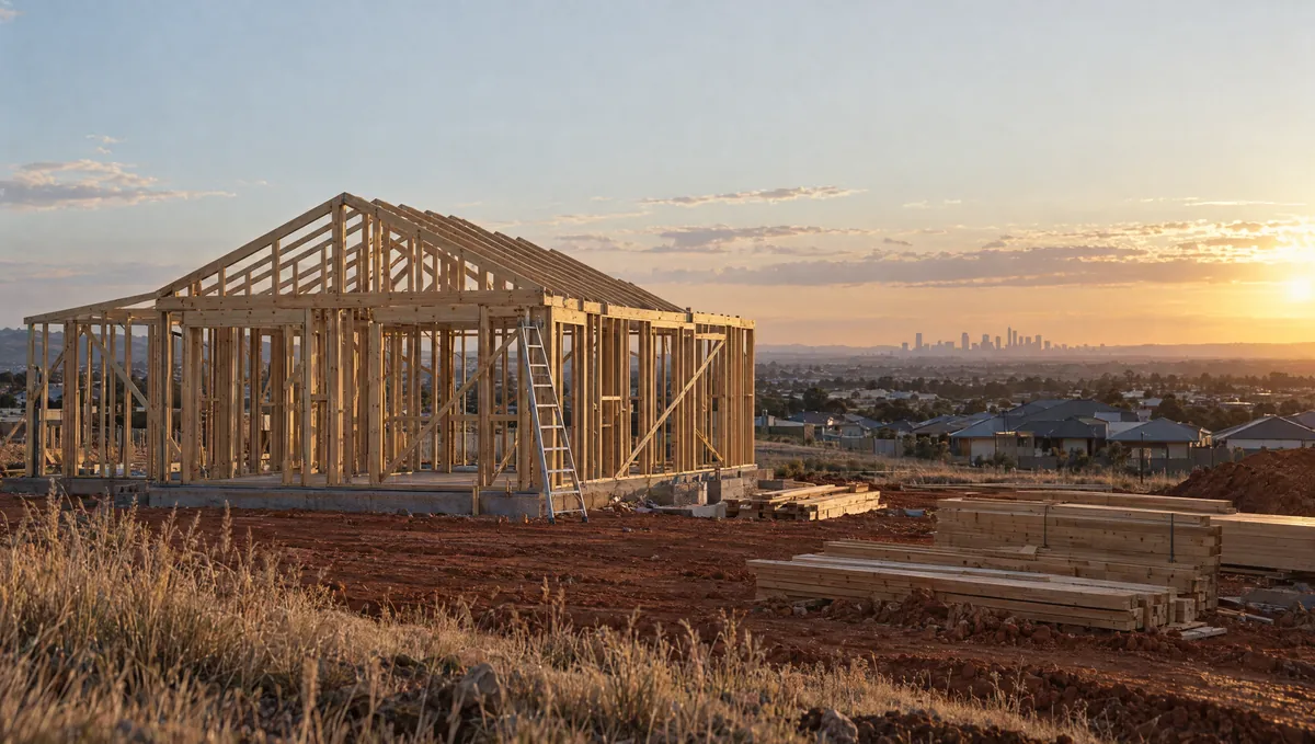 An unfinished timber house frame at golden hour on a new suburban estate, with a ladder leaning against it.