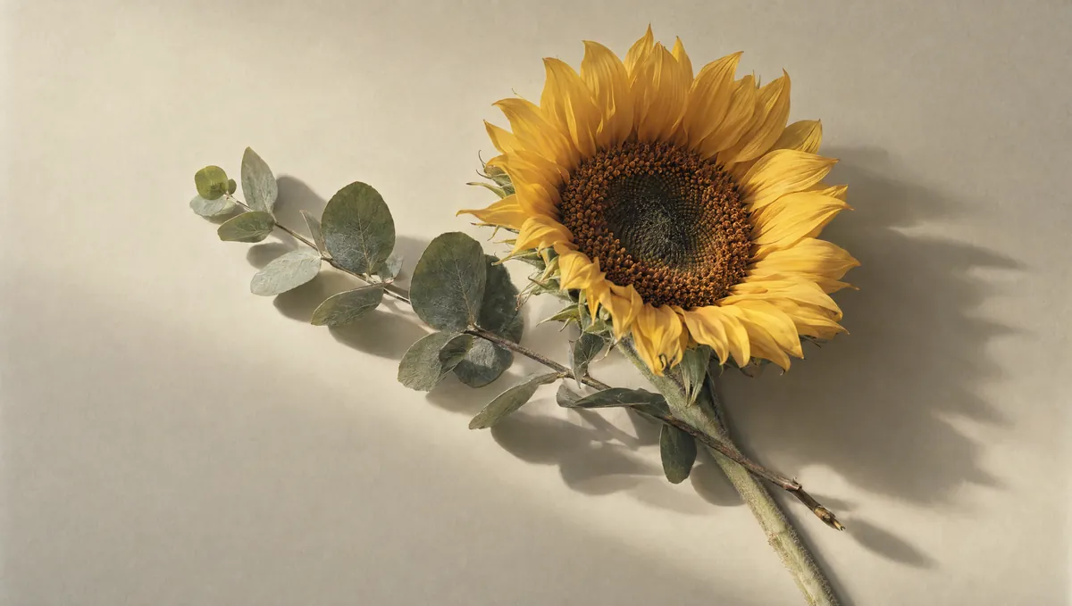 A sunflower head and a sprig of silver green eucalyptus laid side by side with their stems crossing.