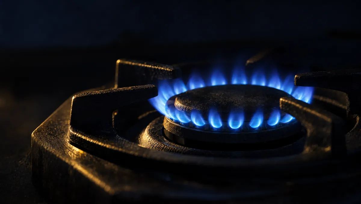A ring of blue gas flame burning on a black cast iron hob in near darkness.