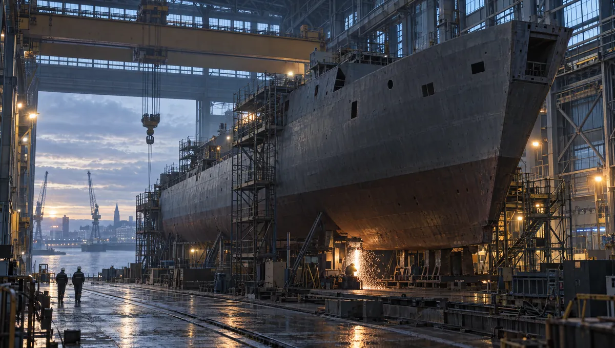 A steel ship hull under construction in a covered shipbuilding hall at dawn, with welding sparks at the keel and two workers in the distance.
