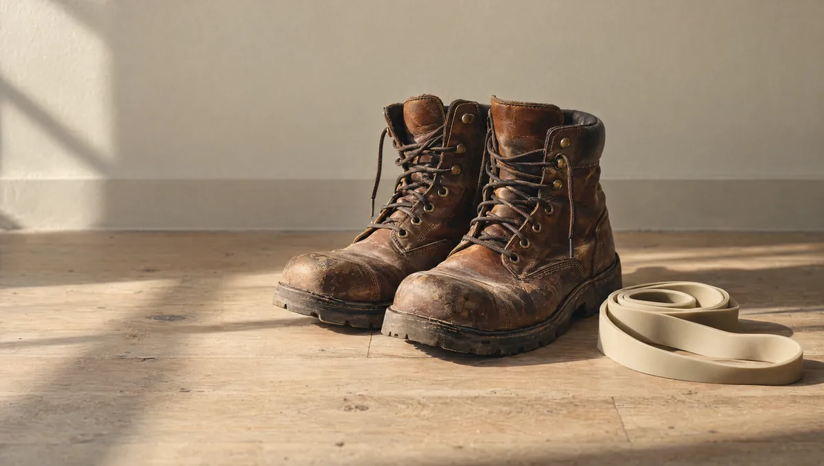 A pair of worn brown leather work boots beside a coiled physiotherapy resistance band on a pale timber floor.