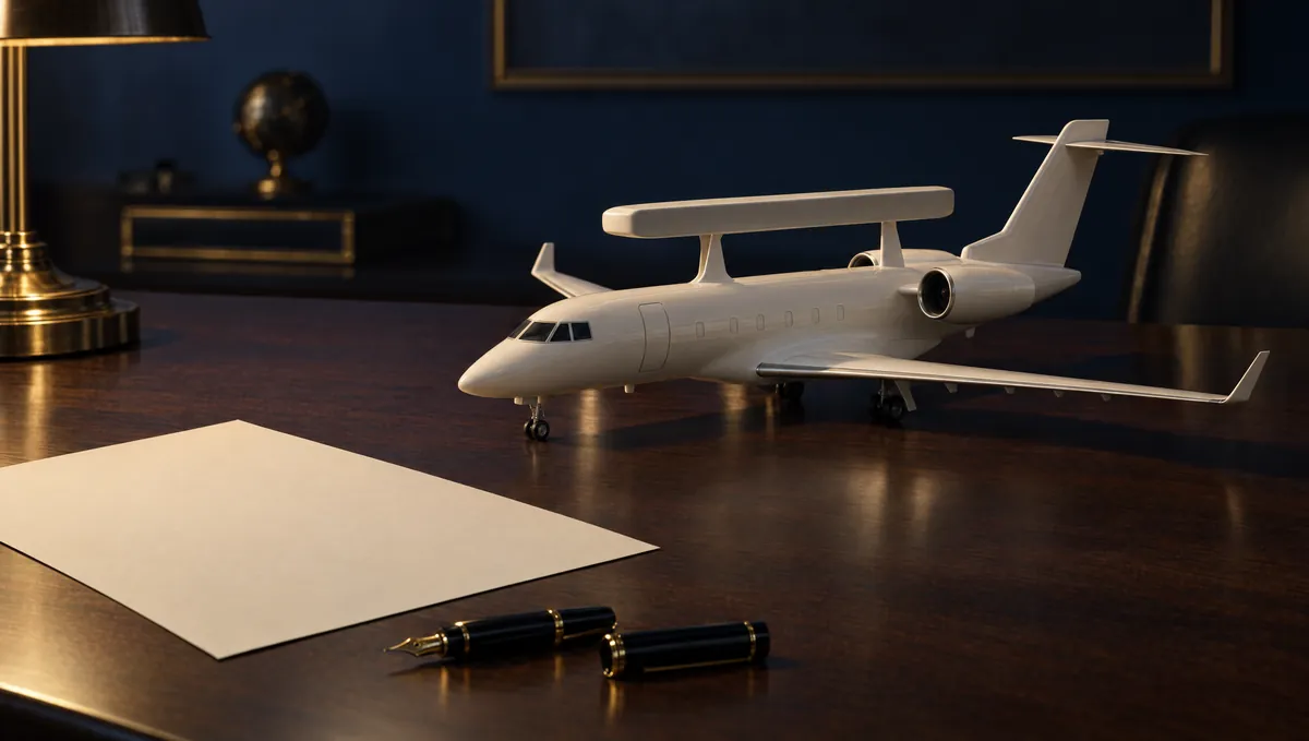 A white scale model of a radar surveillance jet on a walnut table beside a fountain pen and a blank sheet of paper.