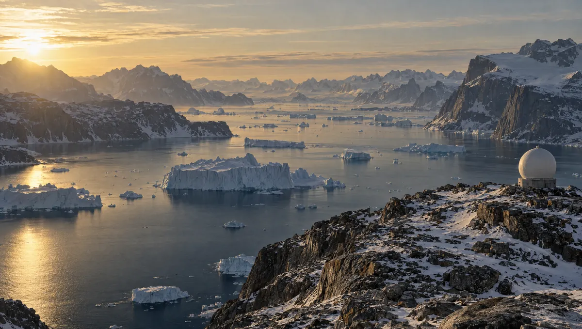 A white radar dome on a snow dusted ridge above an Arctic fjord scattered with icebergs in low golden light.
