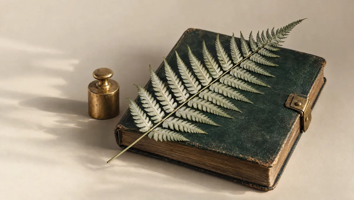 A silver fern frond laid across a closed green leather ledger beside a brass weight.