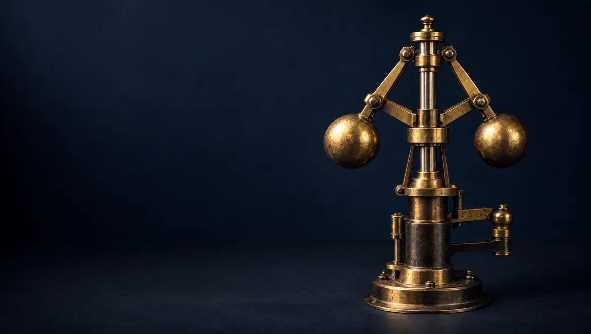 A polished brass centrifugal flyball governor from a steam engine on a dark navy backdrop.