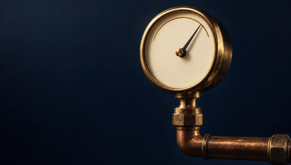 A brass pressure gauge on a copper pipe, its needle pushed high on a blank cream dial, against deep navy.