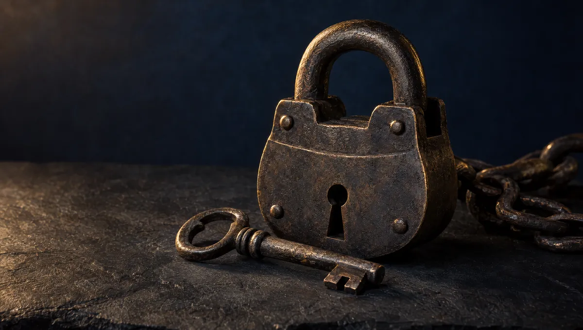 A heavy antique iron padlock on dark slate with its large iron key lying just outside the lock.