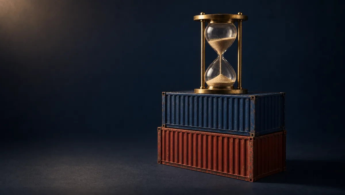 A brass hourglass standing on two stacked miniature shipping containers, one rust red and one blue.
