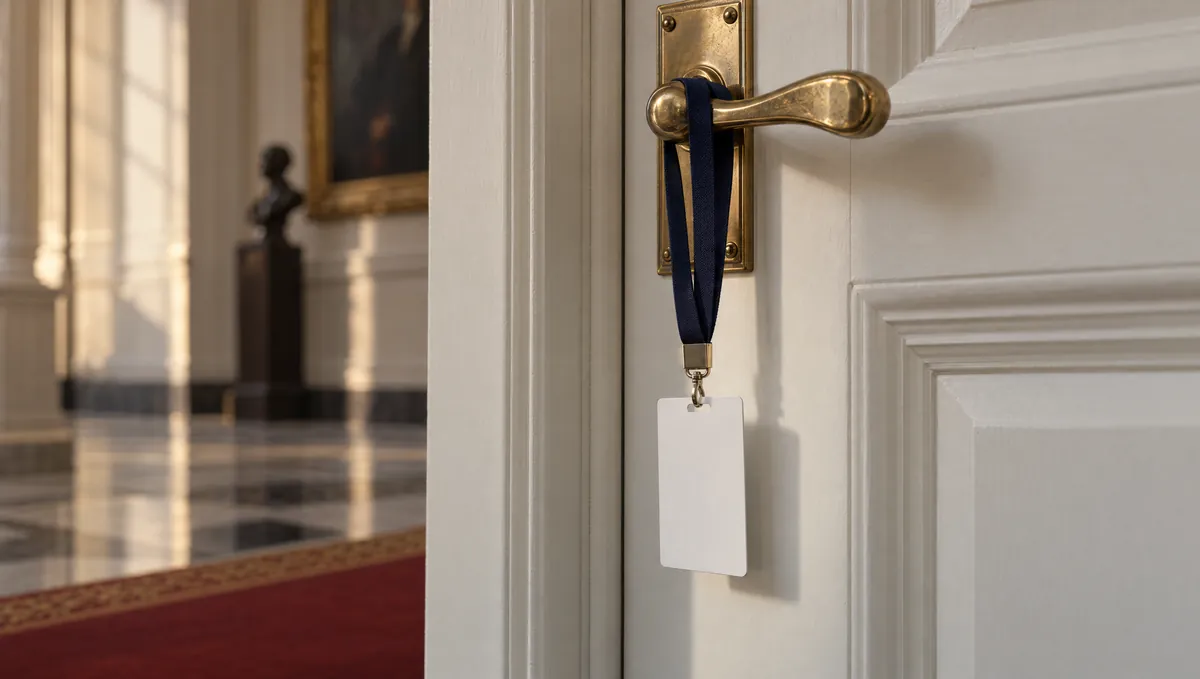 A blank press credential on a navy lanyard hanging from the brass handle of a closed white panelled door.