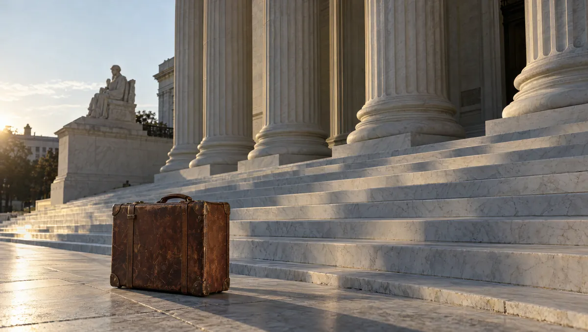 A worn leather suitcase standing alone at the foot of wide marble steps beneath classical stone columns.