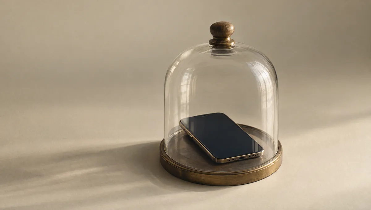A smartphone with a dark screen resting under a glass bell jar on a warm bone backdrop.