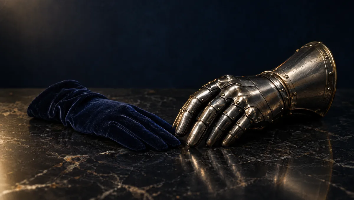 A polished steel gauntlet lying beside a navy velvet glove on dark marble.