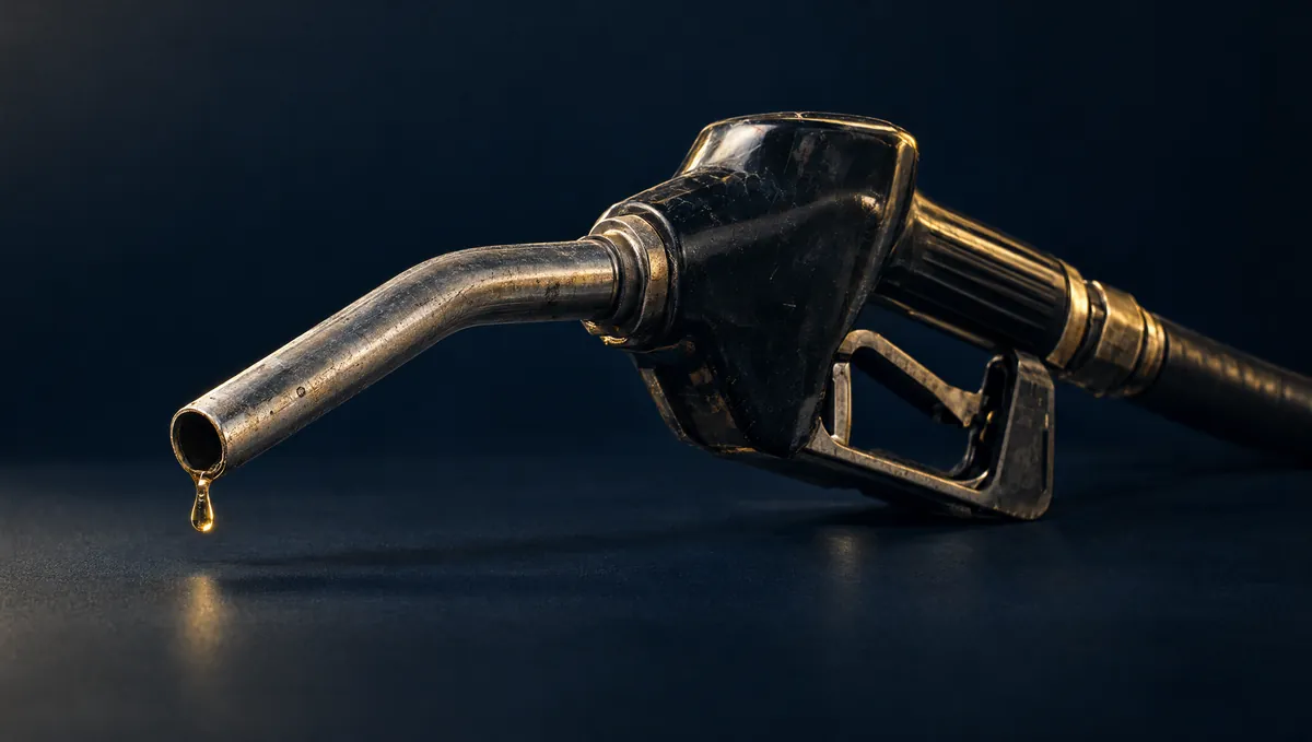 A chrome petrol pump nozzle on a dark navy backdrop with a single drop of fuel at its tip.