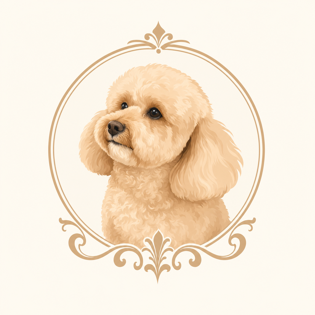 Portrait of Sox, the apricot toy poodle the publication is named after, in an antique-gold crest