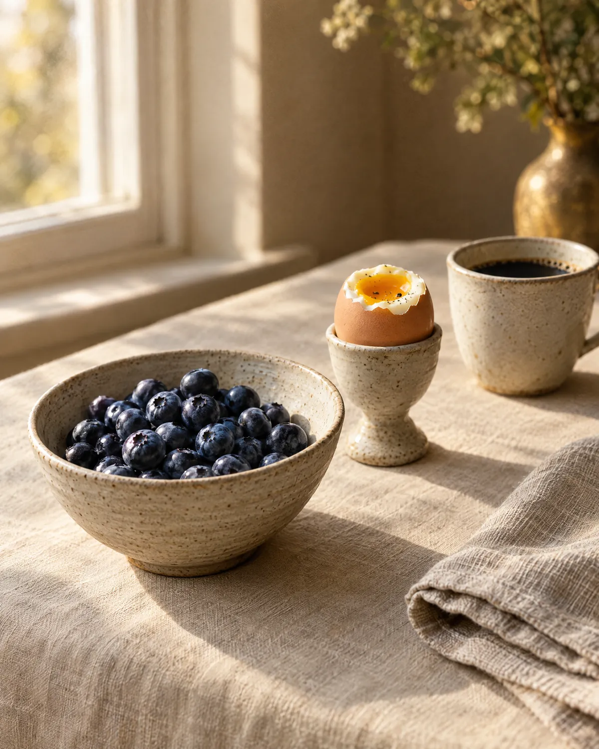 A simple breakfast of blueberries, a soft boiled egg and black coffee on a linen tablecloth.