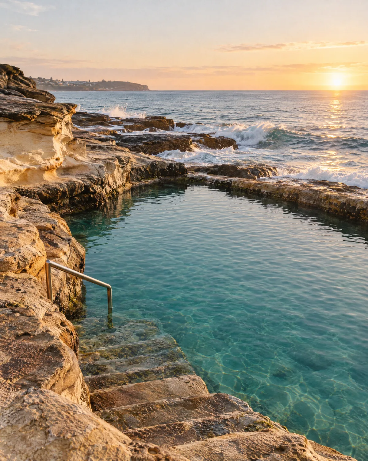 A saltwater ocean pool carved into sandstone rocks on the Sydney coast at sunrise.