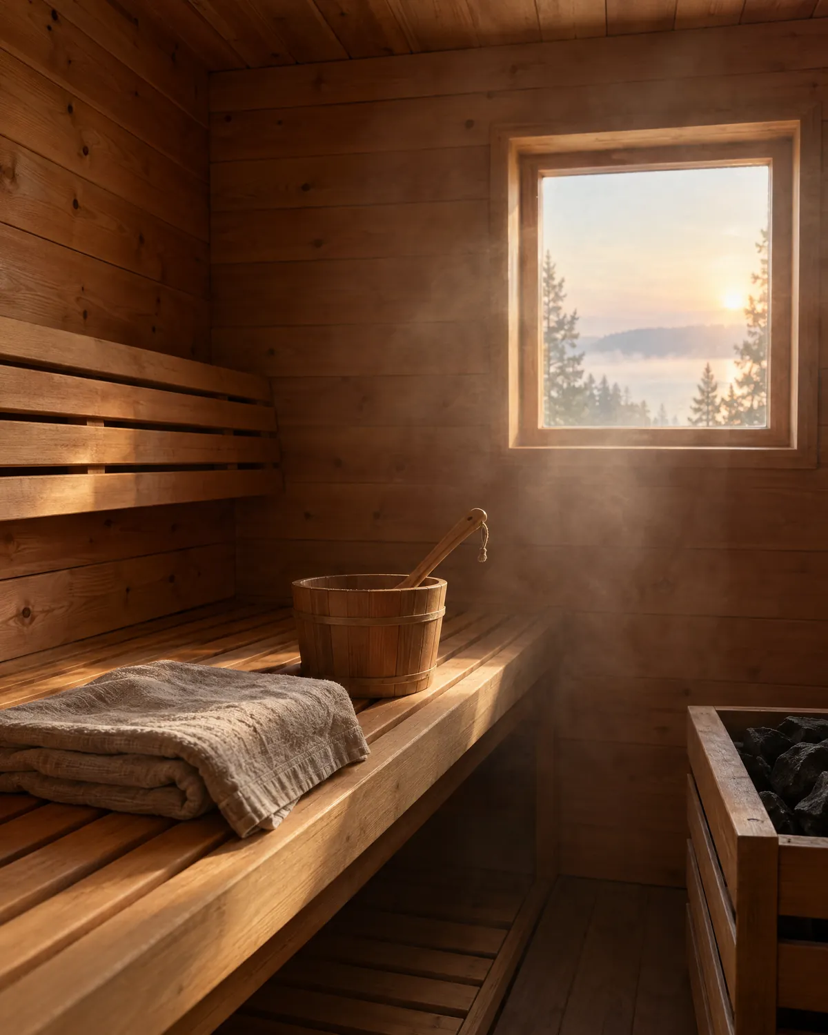 A cedar sauna interior at dawn with a small glowing window, a folded linen towel and a wooden ladle.