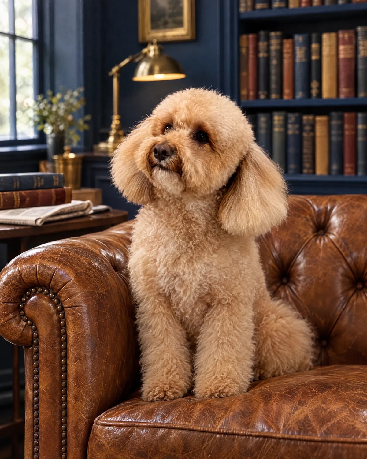 Sox, an apricot toy poodle, sitting upright on a tan leather Chesterfield armchair in a book lined study.