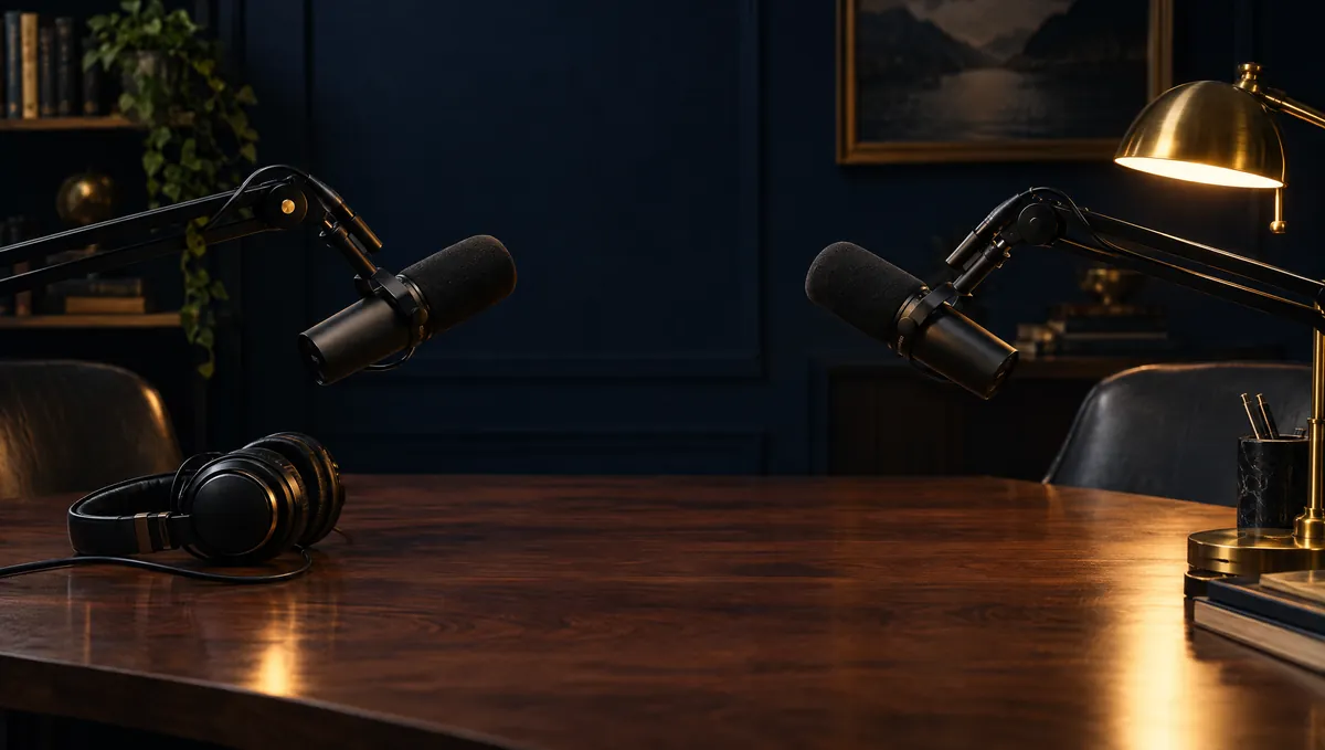 Two broadcast microphones on boom arms facing each other across a walnut desk.
