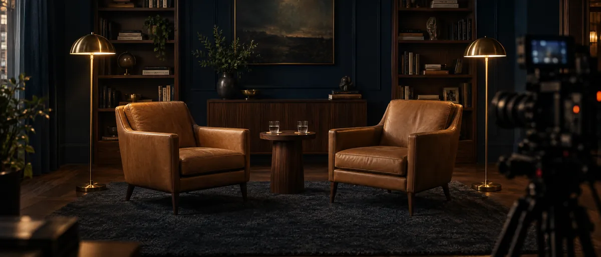 Concept visualisation of a warm interview studio with two tan leather armchairs, brass lamps and walnut shelving.