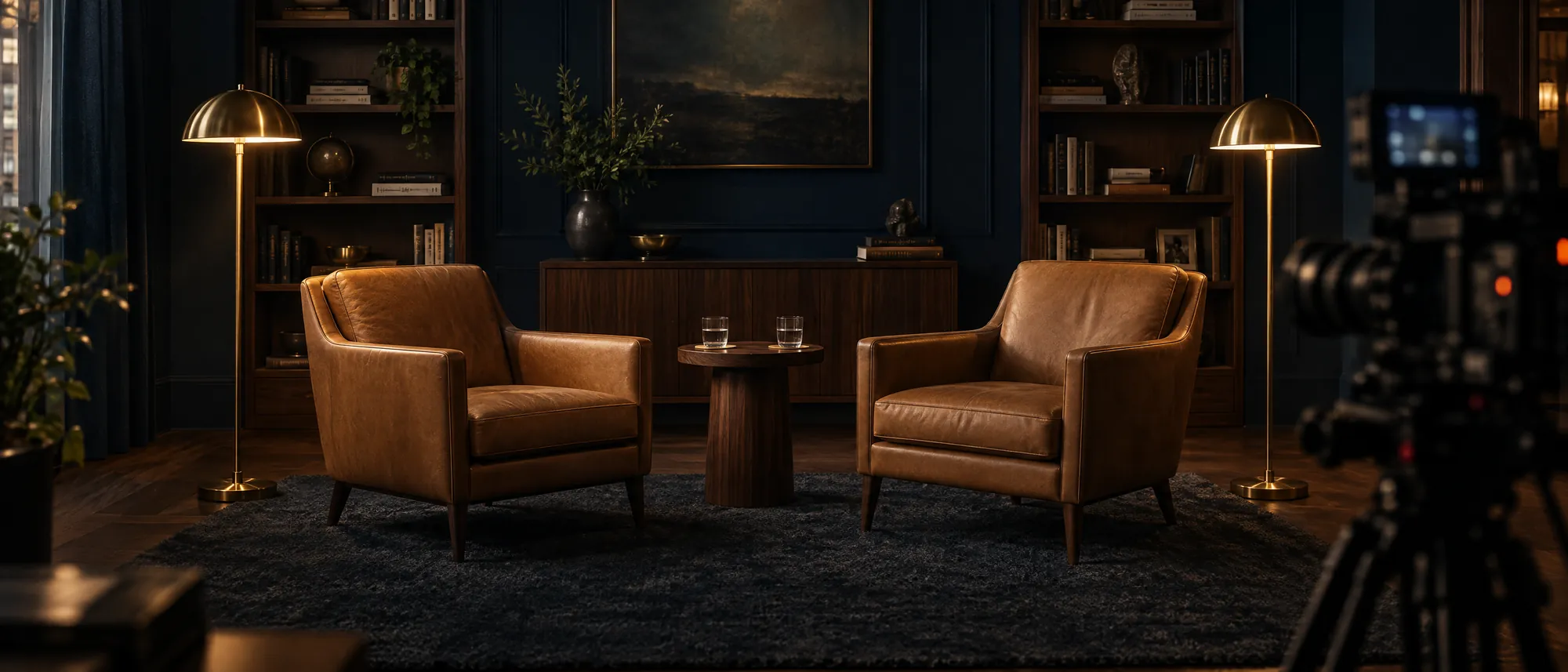 Concept visualisation of a warm interview studio with two tan leather armchairs, brass lamps and walnut shelving.
